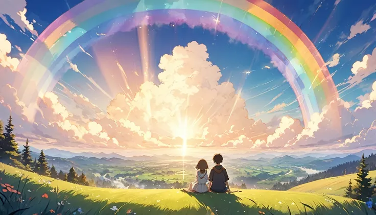 Prompt Idea:
"  The characters exude joy and closeness ,  teeth、 shared by two characters in dreams It depicts a moment of calm ,  magical setting .   golden sunlight filters  ,   Were sitting together on a grassy hill under a bright sky after the rain I d...