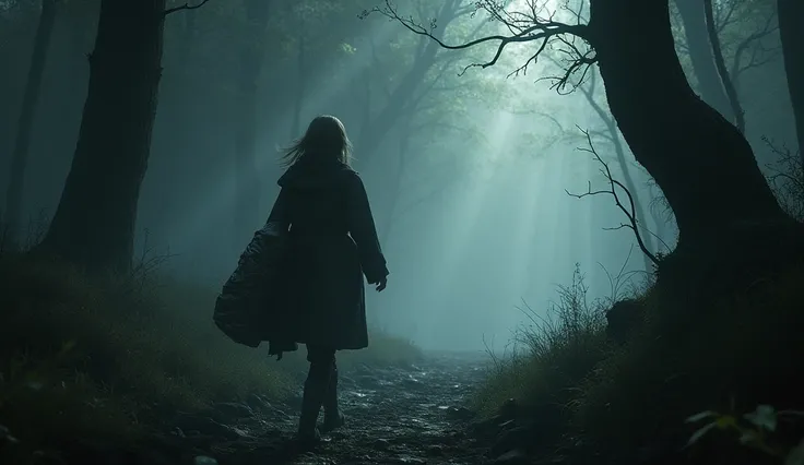  characters:  Clara carrying the mirror with effort .
Description: A dense and dark forest,  with tall trees and twisted branches .  Clara walks decisively through the shadows ,  carrying the mirror wrapped in a blanket.
Era: actual.
outfit: long coat, sca...