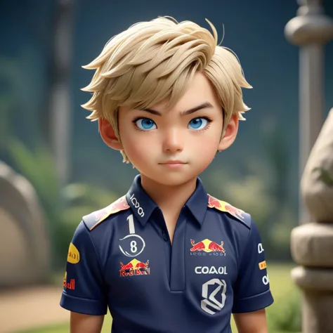 analog film photography of an adorable satoru gojo 3d character, wearing redbull uniform, blue eyes, 3d rendering, adorable char...