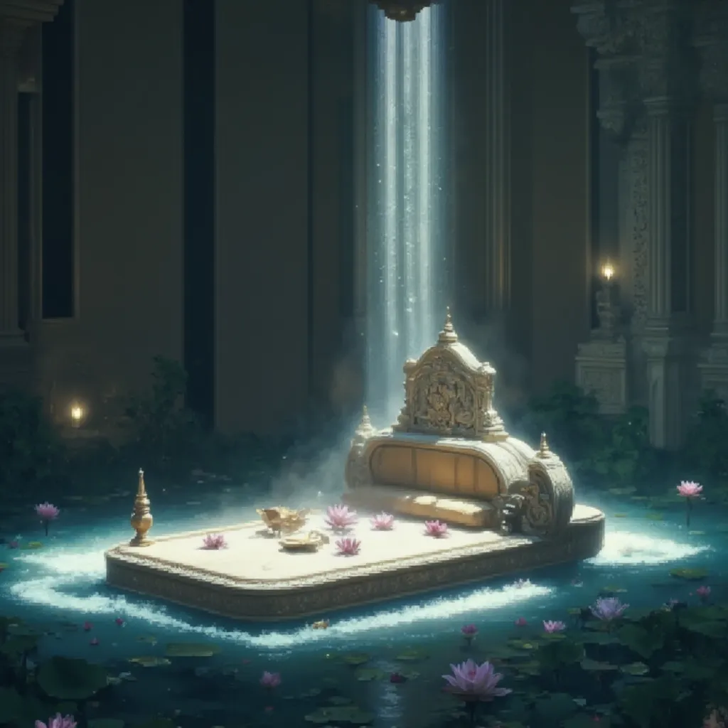 create a serene nighttime scene of an ancient south indian setting. in the middle of a tranquil pond filled with vibrant, colorf...