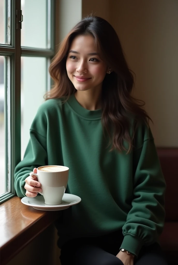 -High quality- -masterpiece- A very pretty beautiful woman, with dark brown hair, black eyes, white skin, big breasts, dressed in a green sweatshirt, black pants, sitting having a coffee while looking through the window+
