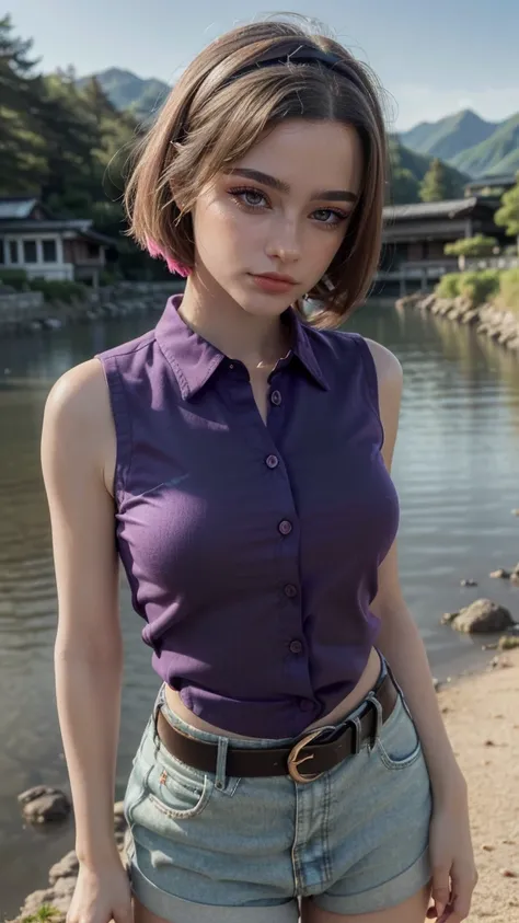 1 woman, mature woman, solo, NOT DASHA TARAN, full body standing, perfect body, best quality, 32k, photograph, full body (head to toe), tone mapping, ((houjou satoko,short hair,black hairband,blonde hair,violet eyes,hair between eyes,collared shirt,sleevel...