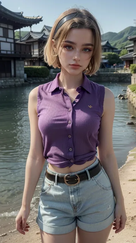 1 woman, mature woman, solo, NOT DASHA TARAN, full body standing, perfect body, best quality, 32k, photograph, full body (head to toe), tone mapping, ((houjou satoko,short hair,black hairband,blonde hair,violet eyes,hair between eyes,collared shirt,sleevel...