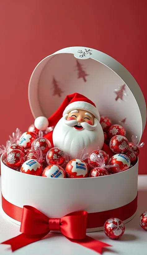  in the center compositions kinder surprise chocolate santa claus round densely laid mini kinder candies and chocolate eggs in plastic wrappers from kinder surprise,  folded on cut gift paper in a white orgalite gift box measuring 50 centimeters in diamete...