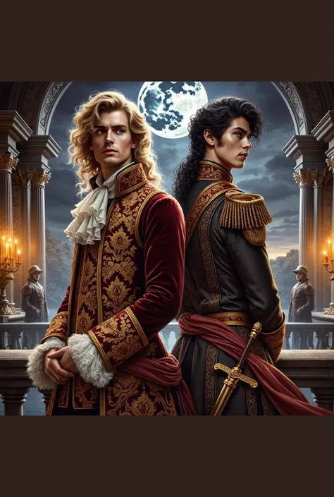  Realistic Baroque-style painting featuring two young men standing with each other on the edge of a moonlit palace garden fountain.  One of the men has blond hair ,  while the other has brownish black hair .  They stare at each other with a deep look over ...