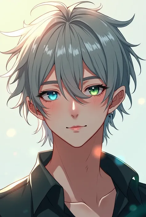 A man about twenty-five years old，silver hair, Highlights, Messy hairstyle, medium long hair,Heterochromia,   Light Blush,  Attractive Smile ,  Simple Background ,  lens flare , illustration