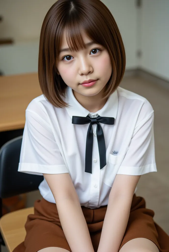 , solo girl,  short-hair, looking at viewer, brown hair, shirt, bow, brown eyes, sitting, white shirt, short sleeves, skirt, ind...