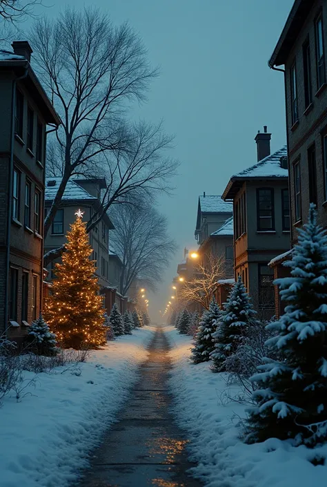 I want an image where in the middle you can see the chaos with the damaged houses ,  desolate streets and a melancholic atmosphere .  and on the other side Streets full of lights and houses decorated with Christmas trees.


