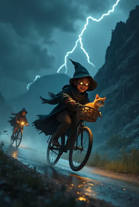 Small wizard and Cat sits backseat on bike , cycling with black mountain bike in rain with lightnings at midninght ; they races with another biker and they drifting