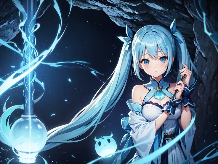  long light blue hair、 Beautiful Girl with Twin Tails 、In a dark cave、A magic lamp that shines brightly、