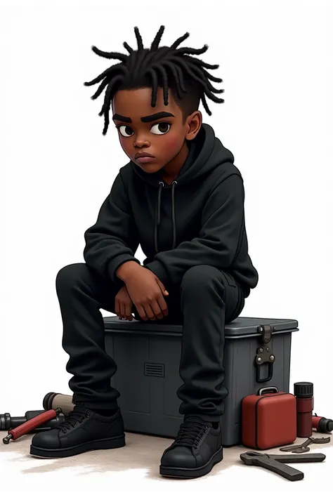 Animated black boy with dreadlocks, with serious face, wearing black clothes, white background, hip hop vibes, dark theme, sitting on a toolbox, tools on floor