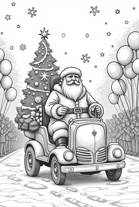 A Christmas Parade Float
•	Santa Trump leading a float during a Christmas parade with balloons, music, and crowds of people celebrating. candy canses around and looks like a winter wonderland scenery. make it illustrated white without color for a rens colo...