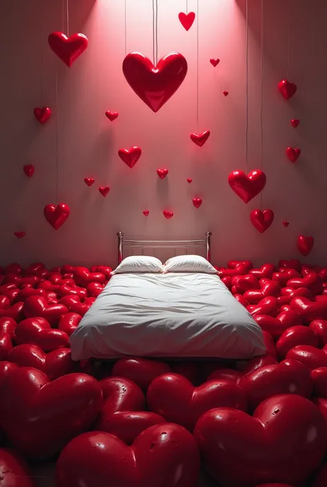 make a bed with several hearts around it with a title in the middle called (fuck love)