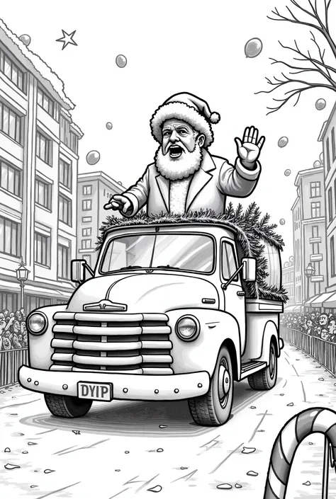 A Christmas Parade Float
•	Santa Trump leading a float during a Christmas parade with balloons, music, and crowds of people celebrating. candy canses around and looks like a winter wonderland scenery. make it illustrated white without color for a rens colo...