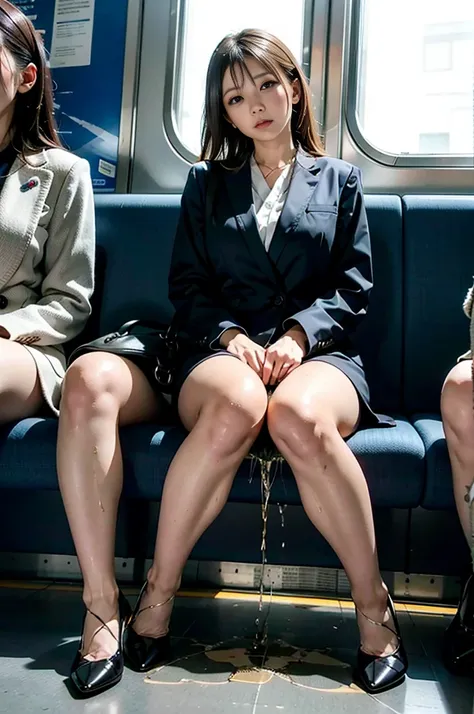 One woman pees on a train seat 、 Women pee in front of many passengers、A woman sits on a train seat 、 Lower body and floor wet due to large amounts of pee 、Black High Heels、White Suit、Beauty、 Japanese woman with a viewing angle of、Perfect figure、Surrounded...