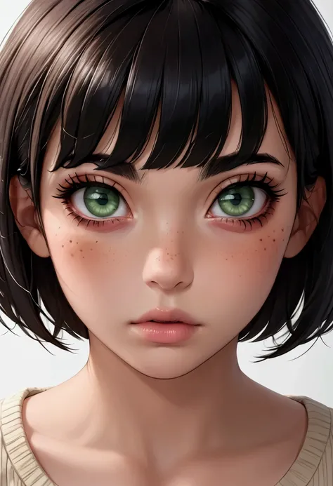 zombie attack survivor girl, with messy hair, medium long messy hair short bangs, straight black hair, partial freckles, big doe eyes, prominent lips, big doll eyelashes, green eyes, serious expression.