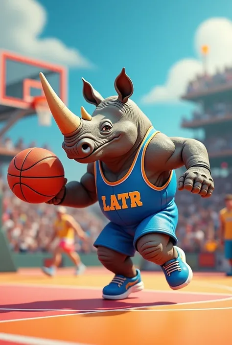 Un rhinocéros musclé qui joue au basket avec un maillot bleu "LATR" dans un style dessin animé 3d