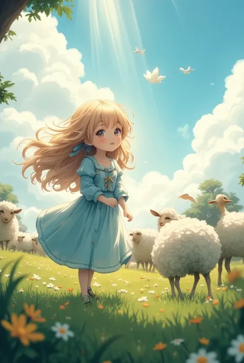 conceptual installation fantasy heartful artwork, Sheep（ girl）,  Cute Sheep Gathering , Clear skies, Sunlight Pouring Down ,  Gentle Wind Blowing Prairie , Mr.々Effects , delicate and dynamic textures, contrasts of light and shadow, Super detailed, absolute...