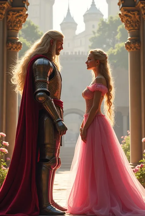 A knight name Gareth with long hair arrived at kingdom talking to princess aurora with pink dress