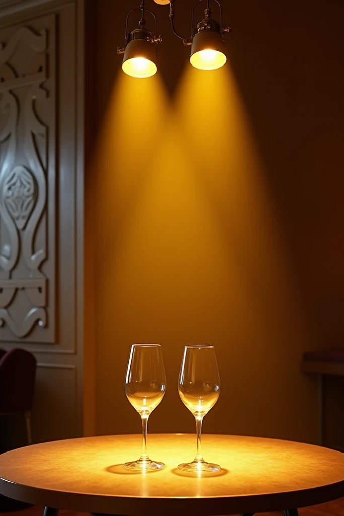 Elegant restaurant background with two hanging yellow spotlights in the front together and two wine glasses on the sides 