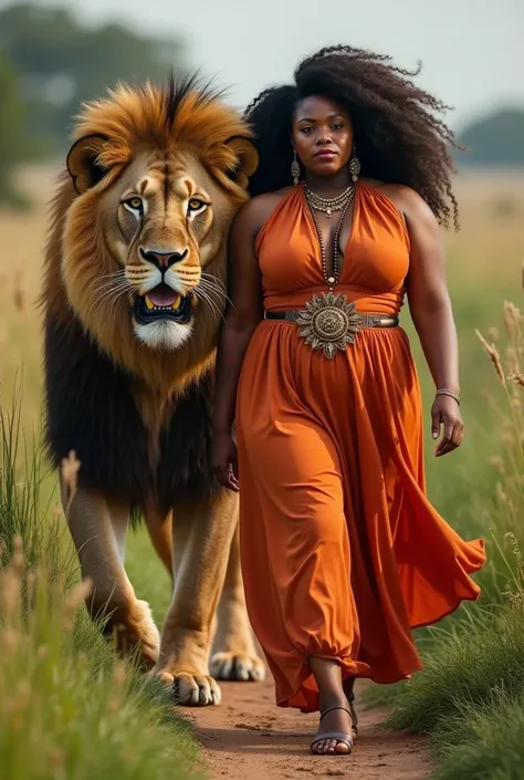 African chubby plus size model walking with abig lion