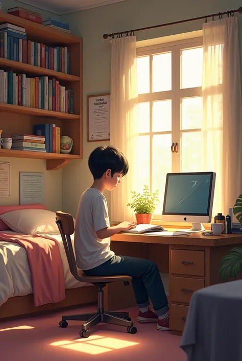 I want to create an image of a Korean bedroom with books bed desk computer post on the wall and a boy studying