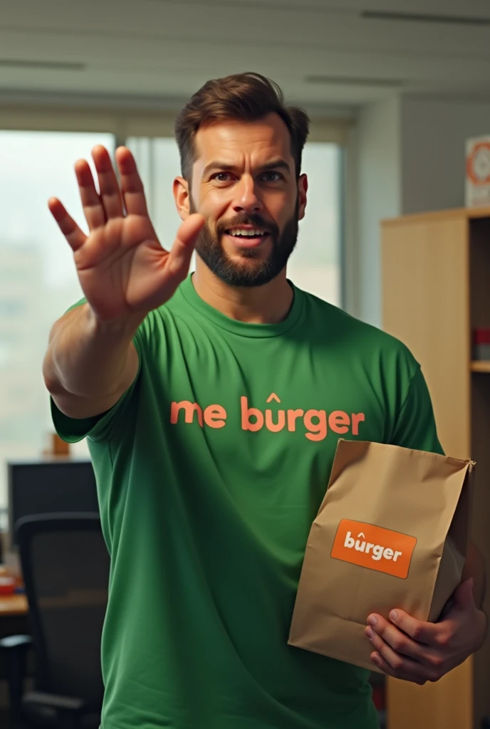 A man with a green t-shirt that says "me burger", with a paper bag of hamburgers that says "ME burger", and in the other hand he makes a stop sign, as if he wants to prevent something, and with his mouth says no, with an office backround
