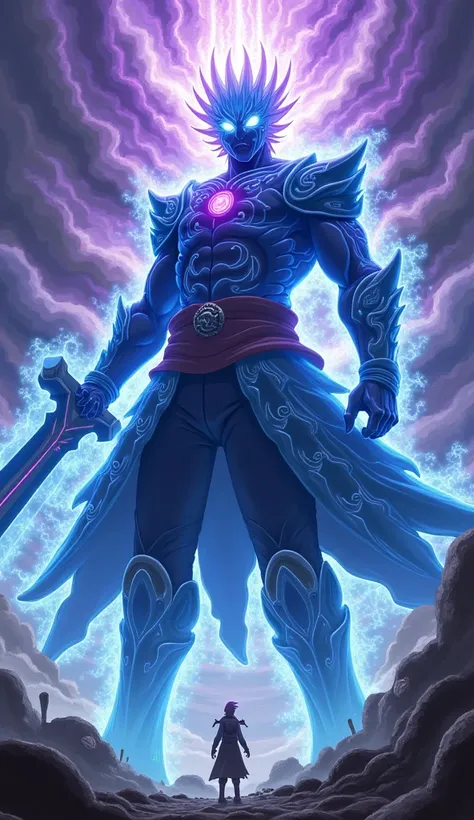 

"Create an image of Susanoo ,  the powerful Mangekyō Sharingan technique from the anime Naruto .  Susanoo must be represented in its full form ,  with a humous figure Giant anoid made of vibrant blue and purple chakras.  The figure must have a fierce exp...