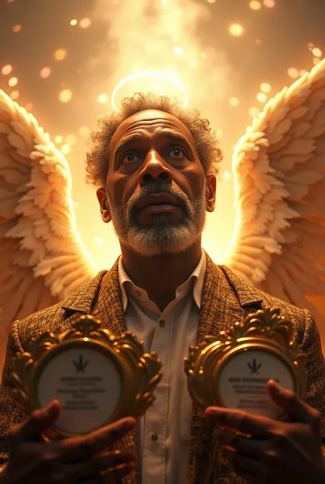 Close up shot of a black man receiving awards, surrounded by Angels.