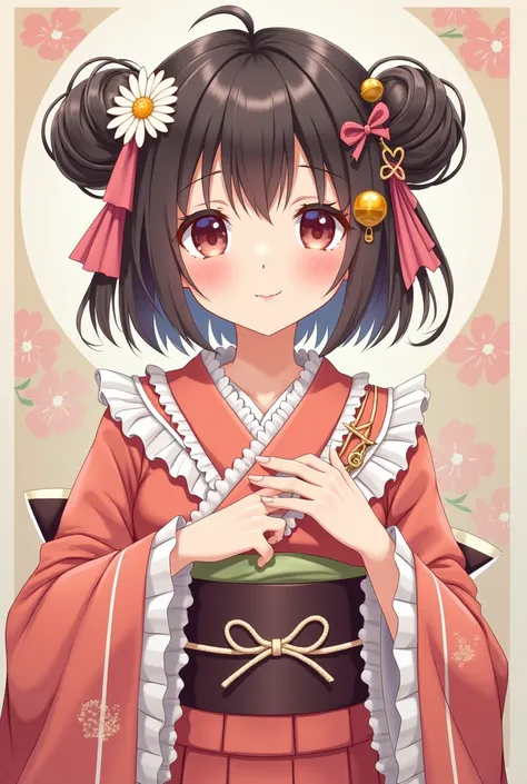 short hair, ahoge, double bun, hair ribbon, hair bow, hair flower, hair bell, x hair ornament, floral print, japanese clothes, frilled kimono, wide sleeves, sleeves past wrists, sash, obi

