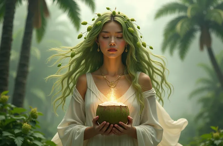 Goddess with her hair full of hops and in her hands a humming coconut and a landscape full of smoke and coconut palm trees with hops