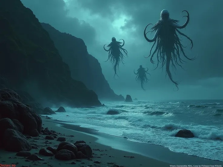 "Create a dark, gothic beach scene with eerie, unsettling marine creatures emerging from the ocean for a tabletop RPG campaign template. The beach should be desolate, with jagged rocks and a stormy sky. The ocean should appear vast and foreboding, with gro...