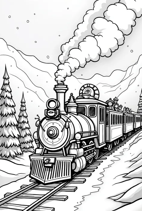 Holiday Train Ride
•	A festive train, decked out with Christmas lights, carrying Santa Trump and a group of joyful passengers across a snowy winter landscape. have snow all around the mountains and with snowflakes, make it illustrated white with no color f...