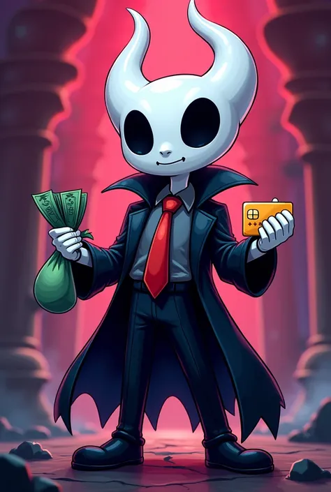 Desenhe um Hollow, do jogo Hollow" Knight, cartoon style, with a sale theme .  Hollow must be dressed in a black goth suit,  and a red tie ,  holding a credit card and a bag of money .  He must have a sly smile on his face .  The image must be colorful and...