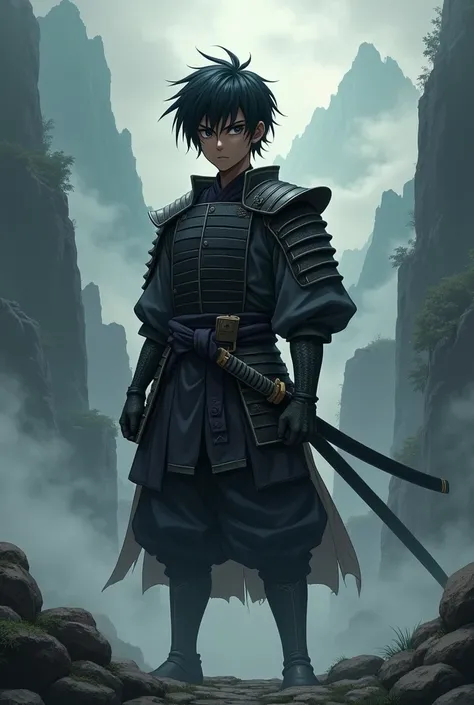 
A very dark-skinned anime samurai boy and