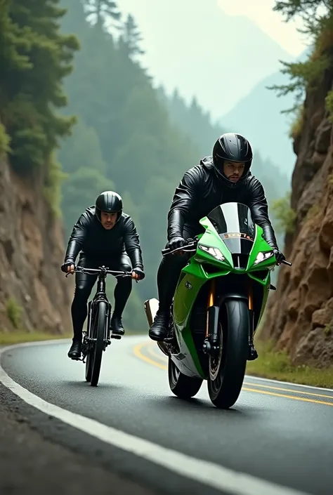 Black mountain cycle with no motor and green racing motorcycle racing together