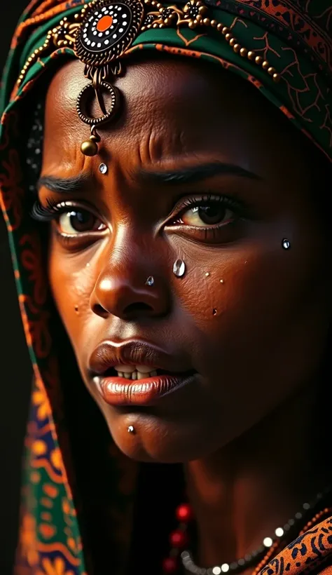 (A woman in traditional Oromo attire,weeping bitterly,her face a portrait of grief,heartbroken mother,her face etched with sorrow,tears falling freely from her eyes,extremely detailed eyes and face,beautiful detailed eyes,beautiful detailed lips,longeyelas...