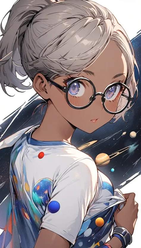  1 girl dark skin,  small breasts,  wear thick framed glasses that accentuate facial features, Short hair, Ponytail and Gray, Silver Shirt, She is wearing another tight shirt underneath her shirt, Brightly colored details reminiscent of stars and planets i...