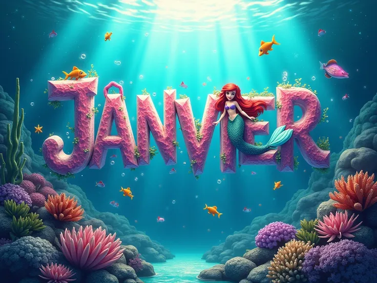 Create a poster extremely detailed with letter-by-letter writing "JANVIER" en français et en majuscule. dans un style Disney 4D. LÉCRITURE DOIT ÊTRE BIEN VISIBLE. 
Thème princesses disney ARIEL