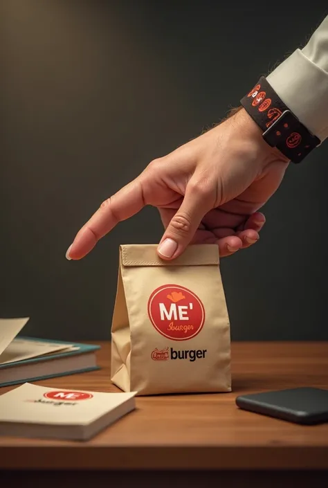 Realistic image, a mans hand, with a bracelet that says ME burger, puts on a desk a paper bag that says ME burger, and with the other hand he points to the paper bag
