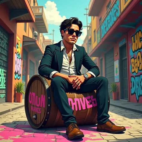   Chaves styled in a modern way ,  wearing dark glasses,  sitting relaxed in a barrel. The background is urban,  with graffiti and pop art elements . The typography is of street ,  looking like spray .