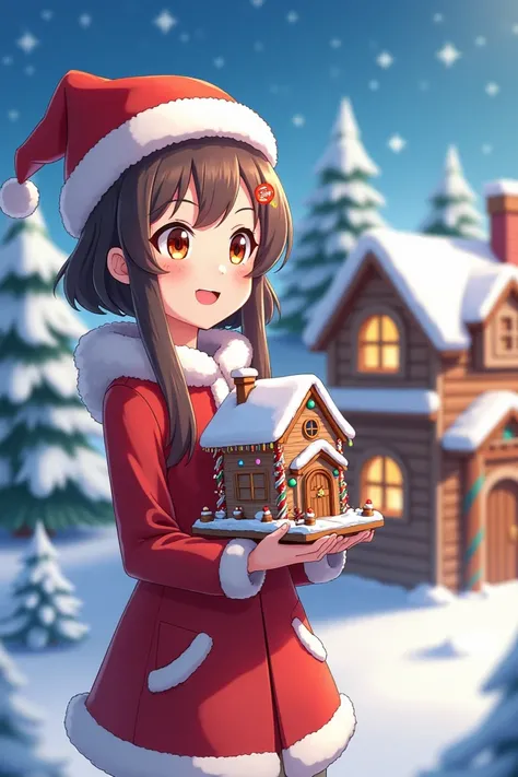 Christmas anime girl holding Santas den