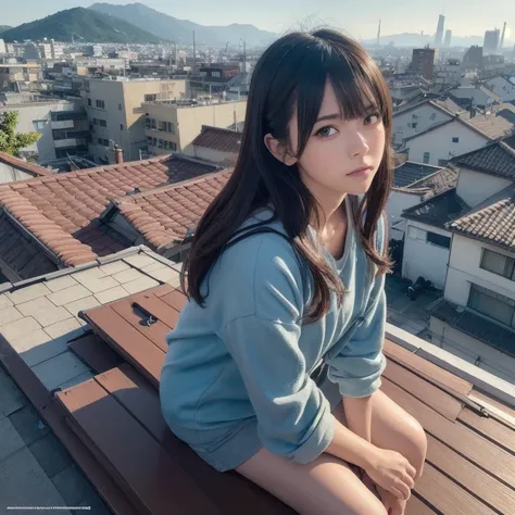 Realistic, real life, beautiful Cute Girl sitting on a roof looking down at a city below, extremely detailed by greg rutkowski makoto shinkai kyoto animation key art feminine mid shot, style of laurie greasley, studio ghibli, akira toriyama, james gilleard...