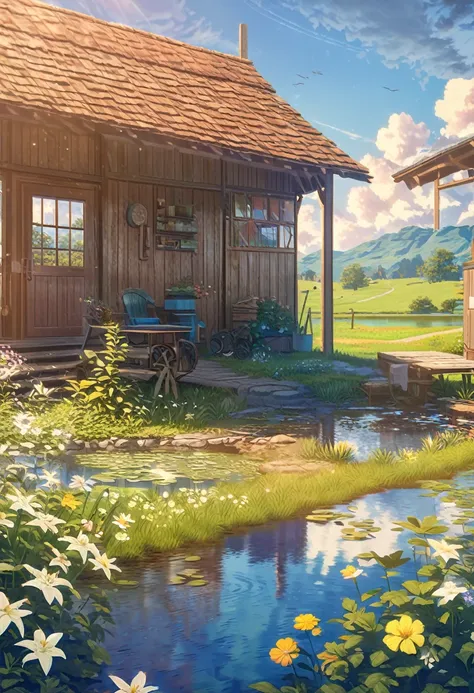 a pastoral idyll, lush green meadows, a small pond with lilies, a lone wooden shed, a dirt path winding through the scene, a warm golden afternoon light, fluffy clouds in a blue sky, birds flying overhead, wildflowers blooming, a deer drinking from the pon...