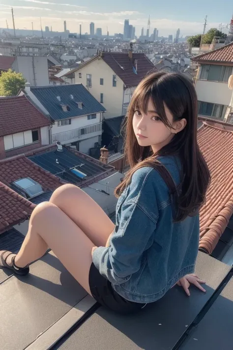 Realistic, real life, beautiful Cute Girl sitting on a roof looking down at a city below, extremely detailed by greg rutkowski makoto shinkai kyoto animation key art feminine mid shot, style of laurie greasley, studio ghibli, akira toriyama, james gilleard...