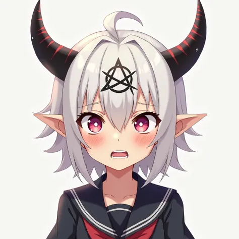  anime girl,  Elf, with demon horns ,  PENTOGRAM ON FOREHEAD  , with disgust on his face ,  with short white hair, in the uniform of a ,  without wings and must be disgusted on the face 