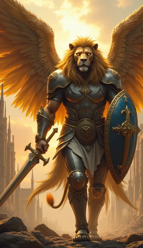  An imposing warrior angel with a human body muscular ,  combined with the head of a golden lion with an exuberant mane .  Its huge, shiny wings are covered with feathers Golden ones that reflect heavenly light.  He wears an armor of silver plates with det...