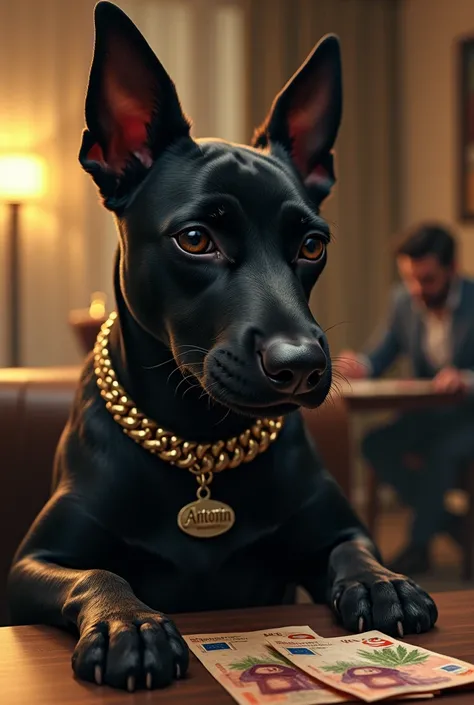 Créé moi une image réaliste dun Chien staff noir avec des petites oreilles et avec un collier en or avec gravé antonin sur le pendentif du collier et en arrière-plan je veux un homme avec une capuche sans voir son visage qui compte les billets en euro dans...