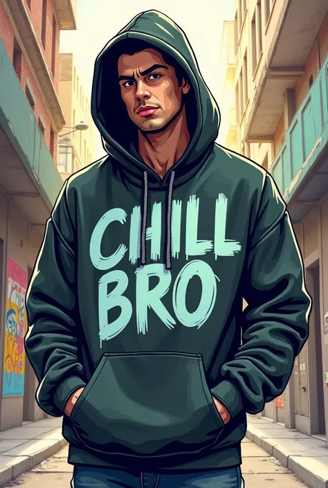 Man in the street hood chilling with text Chill Bro illustration graffiti style