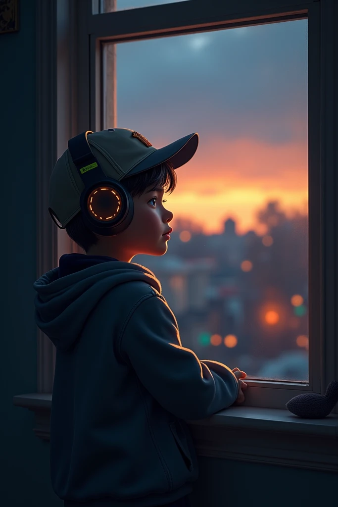 Boy in a cap and sweatshirt with headphones at the window at dusk looking